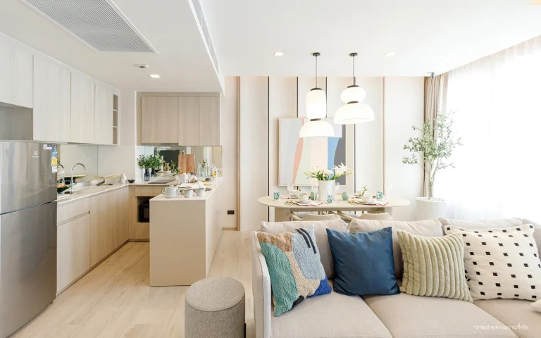 Reference Sathorn - Wongwianyai 2 bedroom unit type open plan living room kitchen and dining area interior